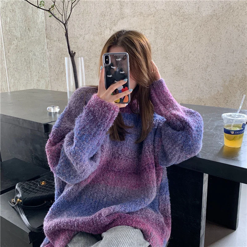 

Soft Waxy Rainbow Sweater Women's Autumn Winter New Loop Mohair Gradually Changes Color Korean Version Loose Style Knitting Top