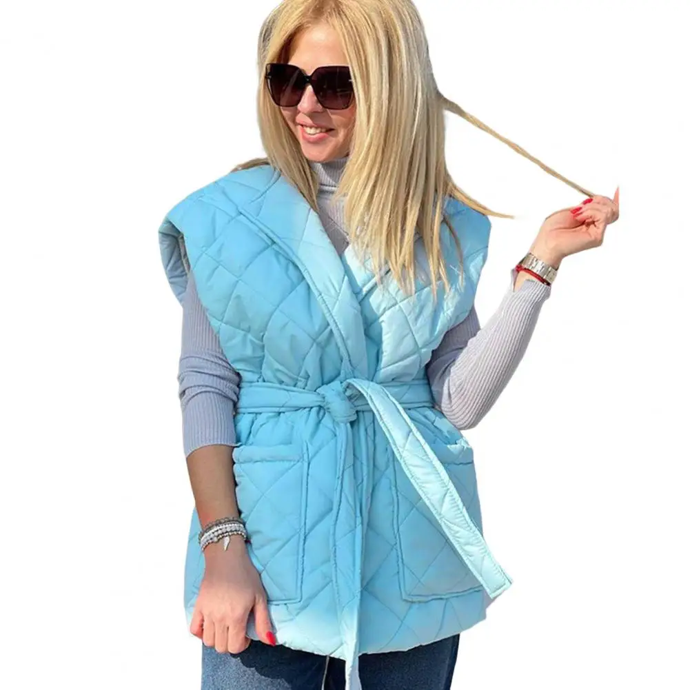

2022 Autumn Winter Women Solid Loose Vest Drawstring Stand Collar Long Vest Jacket Cotton Padded Women Windproof Warm Waistcoat