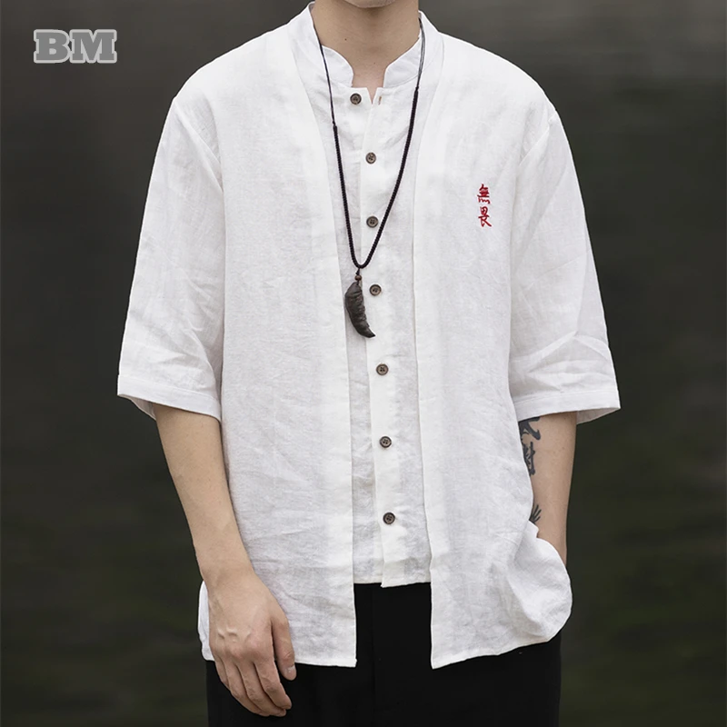 

Chinese Traditional Dress Plus Size Fake Two Linen Shirts For Men Summer Short Sleeved Tang Suit Vintage Tai Chi Kung Fu Top