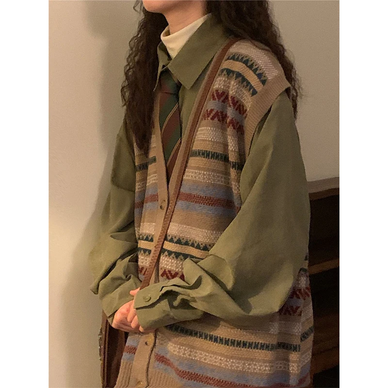 Женский винтажный свитер в полоску жилет стиле Харадзюку вязаный кардиган