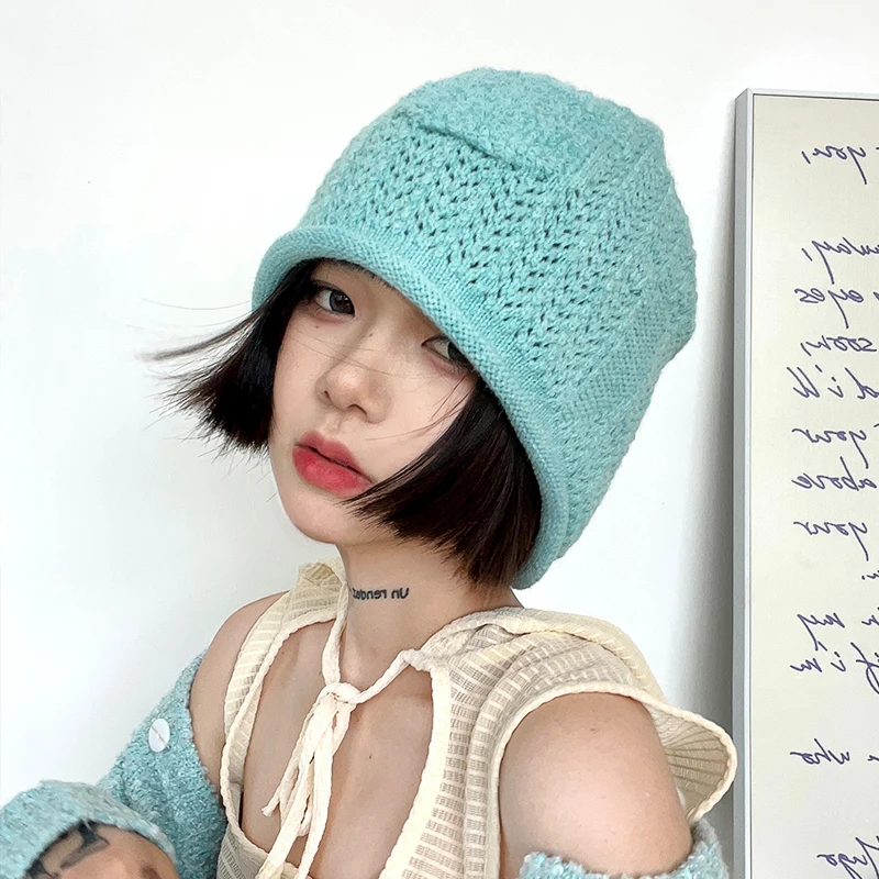 

Fresh Lake Blue Beanies Cap 2022 Winter Korean Hollow Crochet Basin Hat Knitted Wool Bear Towel Embroidered Cute Women's Hats