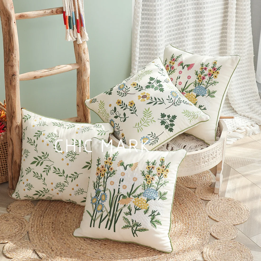 

Cotton Canvas Floral Embroidered Cushion Cover 45*45 Countryside Stely Ornamental Pillow Case for Living Room Luxury Home Decor