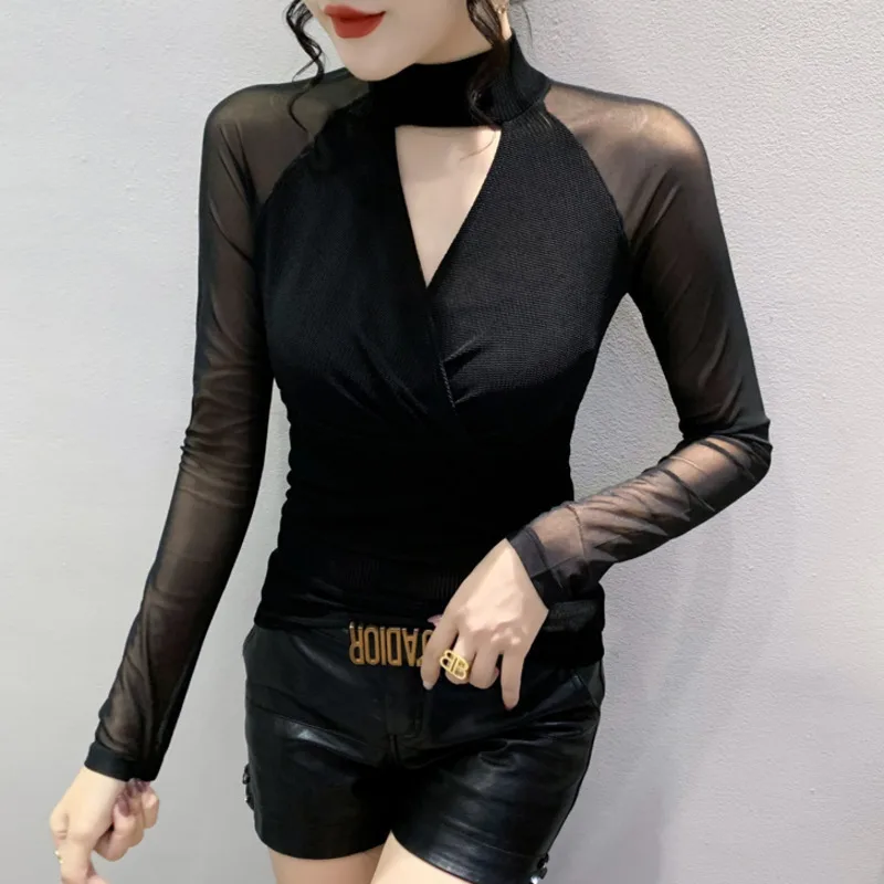 #8374 Сетчатая футболка женская сексуальная водолазка с вырезами длинным рукавом