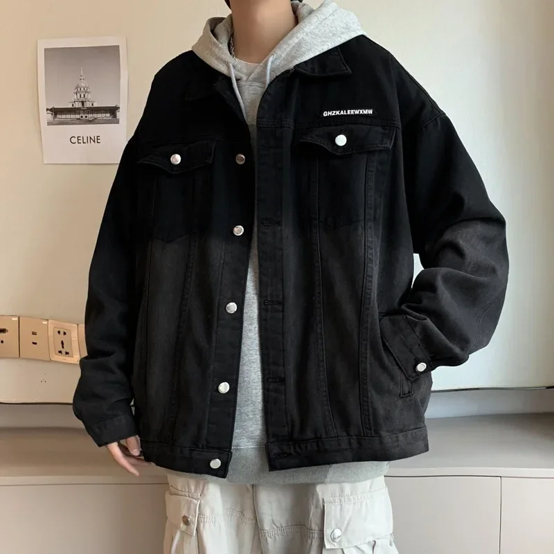 American Style Vintage Denim Jacket Street Fashion Men's Trendy Wash Distressed Gradient Oversize Brown Embroidery