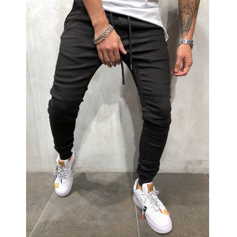 Men Jeans Streetwear Vintage Jeans Spring Slim Fit Denim Pants Trousers Men Lace-up Mid-Rise Pencil Pants Trousers Sports Jeans
