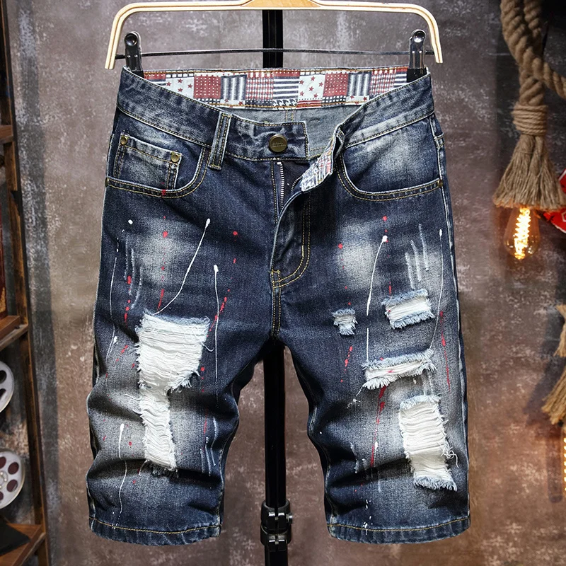 

Men's raffiti Ripped Sort Jeans Summer New Fasion Casual Slim Bi ole Retro Style Denim Sorts Male Brand Clotes
