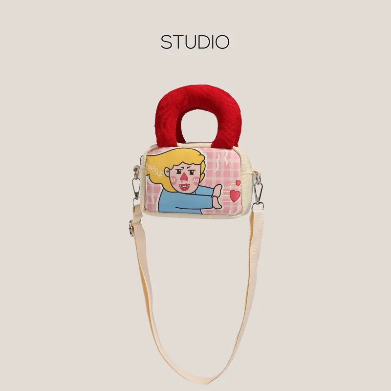 

2023 New Fun Contrast Color Cartoon Anime Cute Canvas Portable One Shoulder Crossbody Girls' Small Square Bag