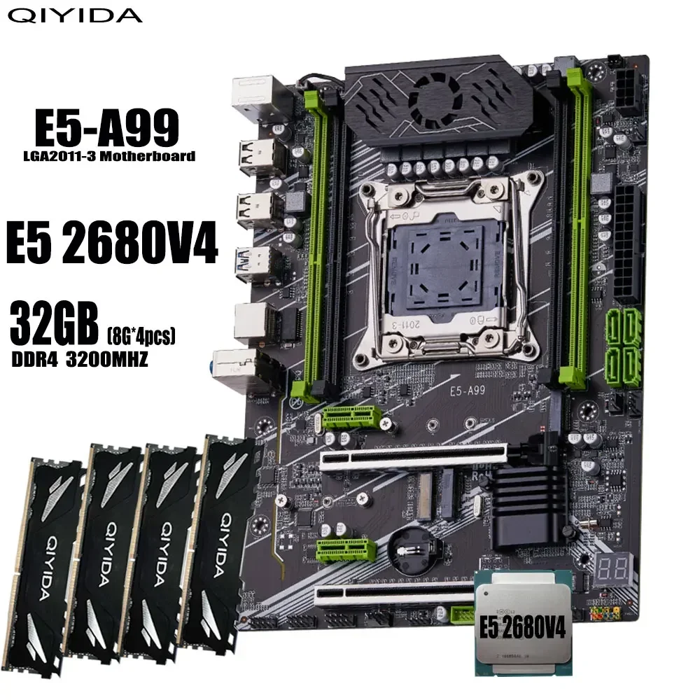 Комплект материнской платы QIYIDA X99 xeon LGA2011-3 E5 2680 V4 4*8 ГБ = 32 3200 МГц 4 канала DDR4 SATA 3 0 nvme