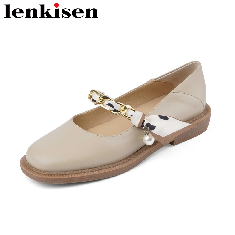 

Lenkisen Genuine Leather Round Toe Low Heel Chain Pearl Decoration Preppy Style Young Lady Daily Wear Shallow Women Pumps L27
