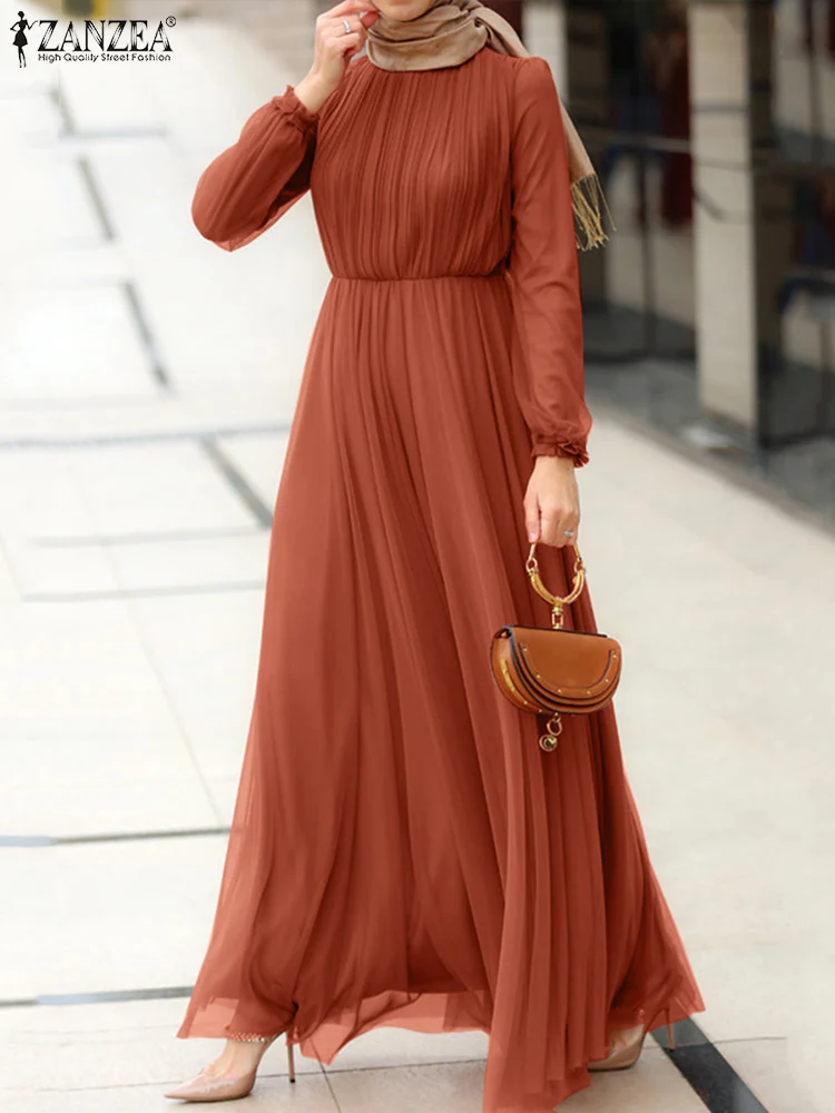 

ZANZEA Lace Patchwork O-Neck Full Sleeve Layer Design Sundress Women Muslim Dress Fashion Casual Loose Abaya Kaftan Long Robe