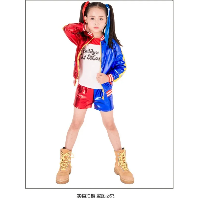 Girls Harley Squad Monster Shirt Quinn Costume Printed Jacket Pants Gloves Suicide Cosplay Halloween Parent-child