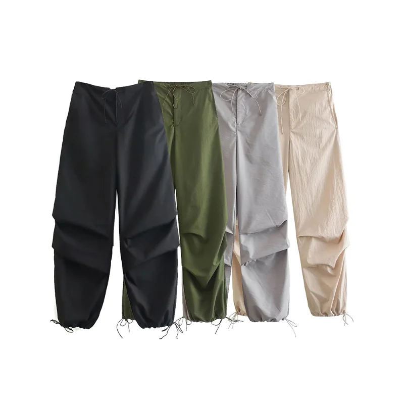 

Women Drawstring Cargo Pants Vintage Hip Hop High Waist Elastic Wide Leg Trousers Ladies Side Pockets Pleats Loose Jogging Pants
