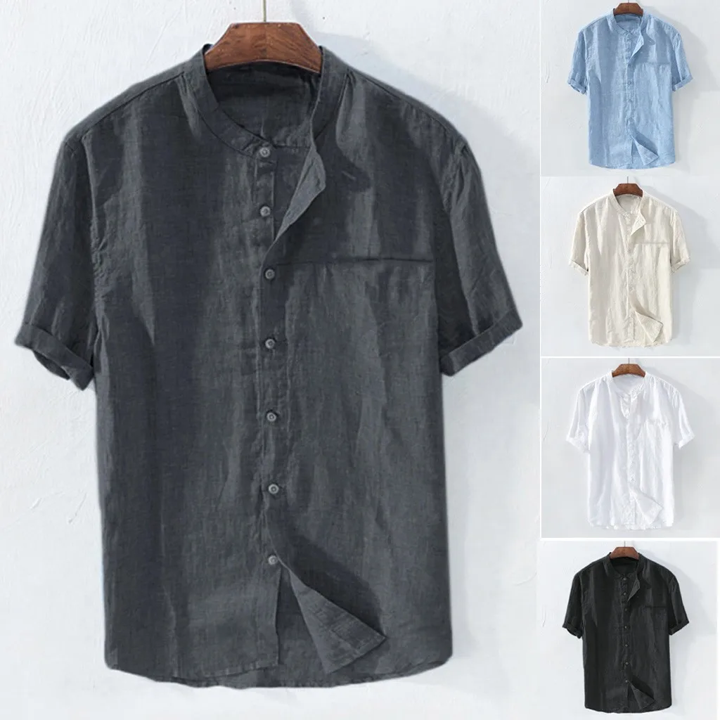 

Men's Baggy Cotton Blend Solid Color Short Sleeve shirts Tops Blouse Slim Fit Male Mens Stand Collar chemise homme manche court