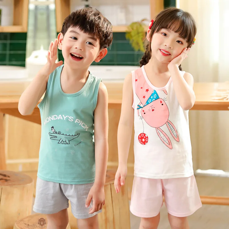 Children Sets Kids Vest Suit 2PCS Set Summer Cotton T-Shirt Girl Shorts Clothes Children Boys Girls Sleeveless Suit Wear Cloth