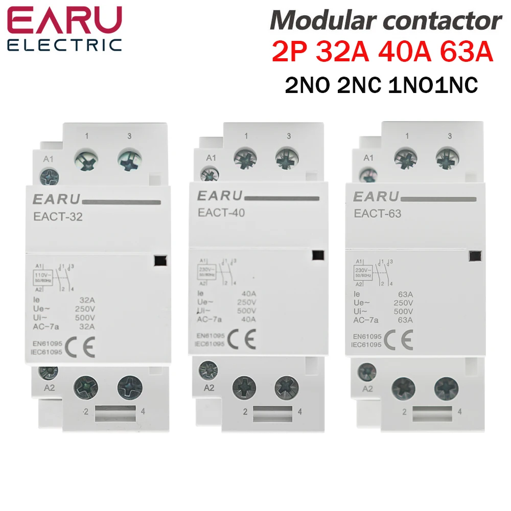 

2P 32A 40A 63A 220V 230V 50/60Hz Din Rail Household AC Modular Contactor Switch Controller 2NO 2NC 1NO 1NC Automatic Contactor