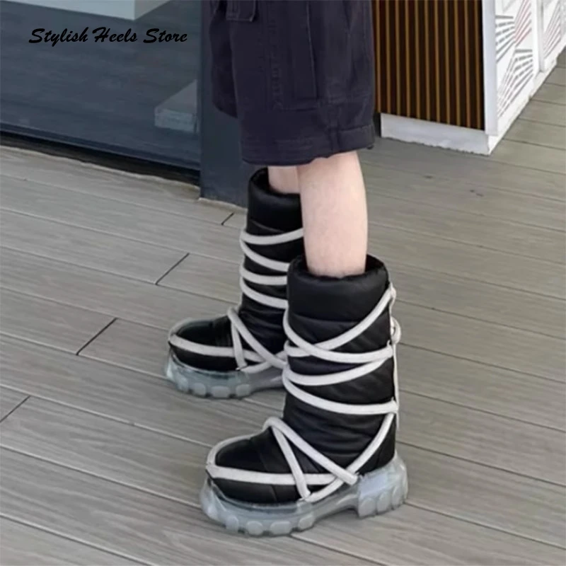 Стильные сапоги до середины икры на толстой подошве со шнуровкой для женщин