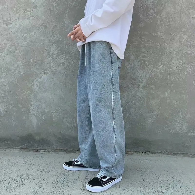 Men Jeans Streetwear Vintage Jeans Summer Solid Mid-Waist Lace-up Denim Straight-Leg Pants Men Loose Wide Leg Jeans Korean Jeans