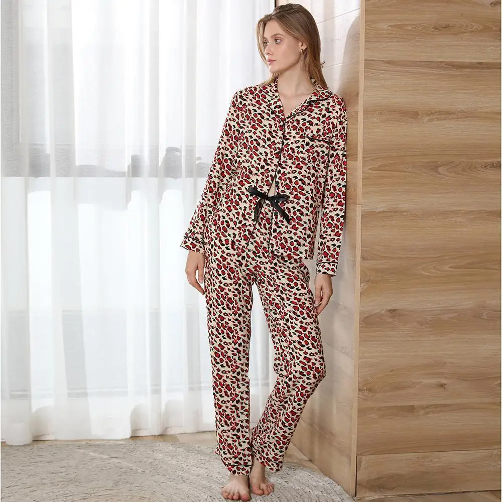 Leopard Print Cotton Pajamas Women's Sleepwear Set Rayon Cotton Two Pieces Set Pyjamas Nightwear Set For Ladies Free Shipping