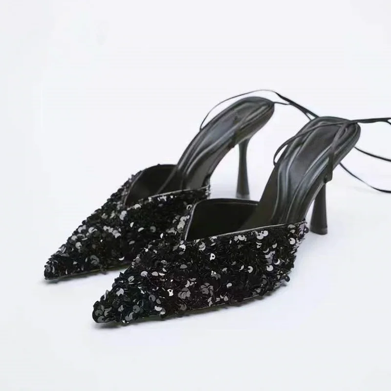 

2022 New Spring and Autumn New High Heels Black Blue Sequins Sling Back Pointed Toe Strap Stiletto Shoes Women Tacones Mujer