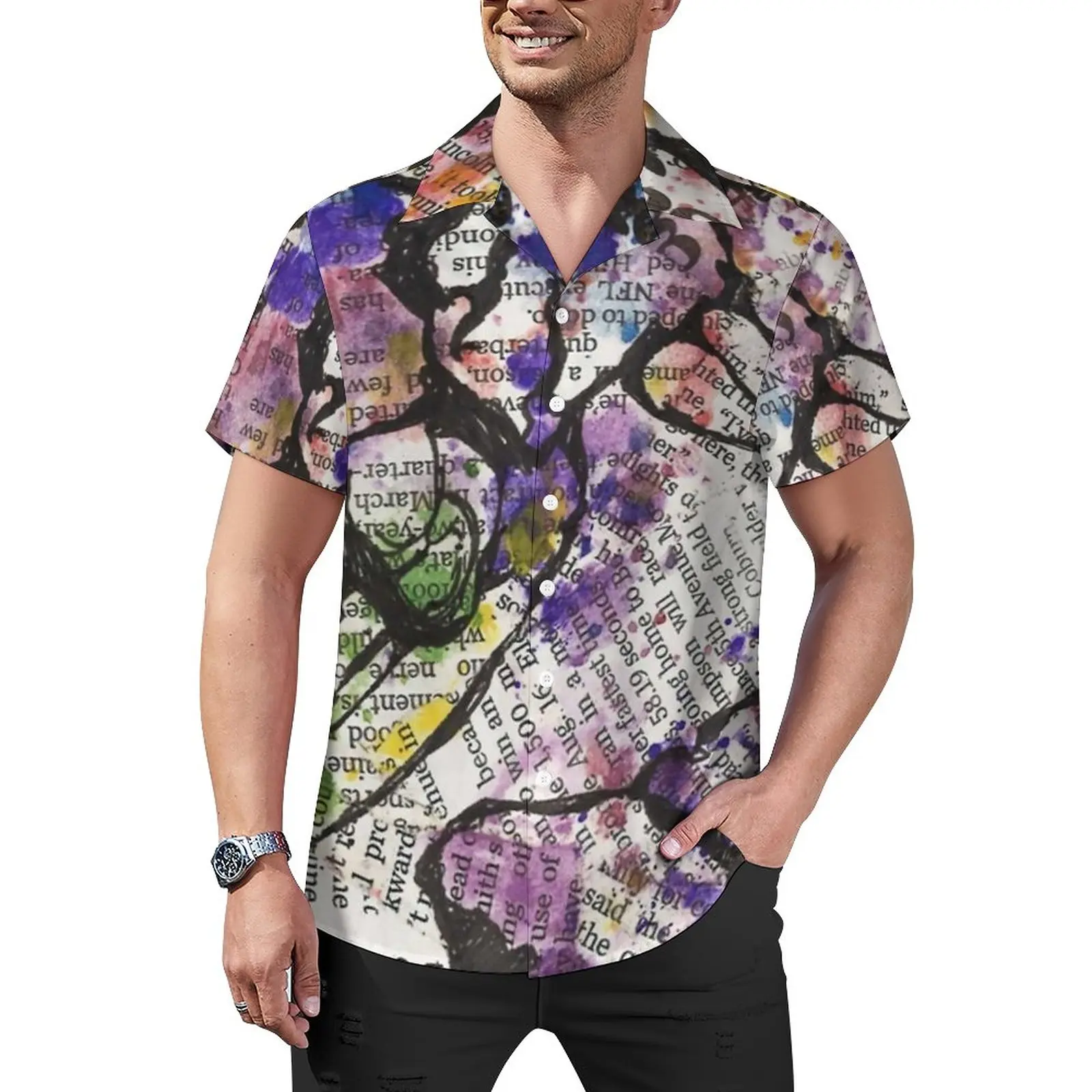 

Newspaper Print Loose Shirt Man Beach Watercolor Floral Print Casual Shirts Summer Graphic Short Sleeve Funny Oversized Blouses