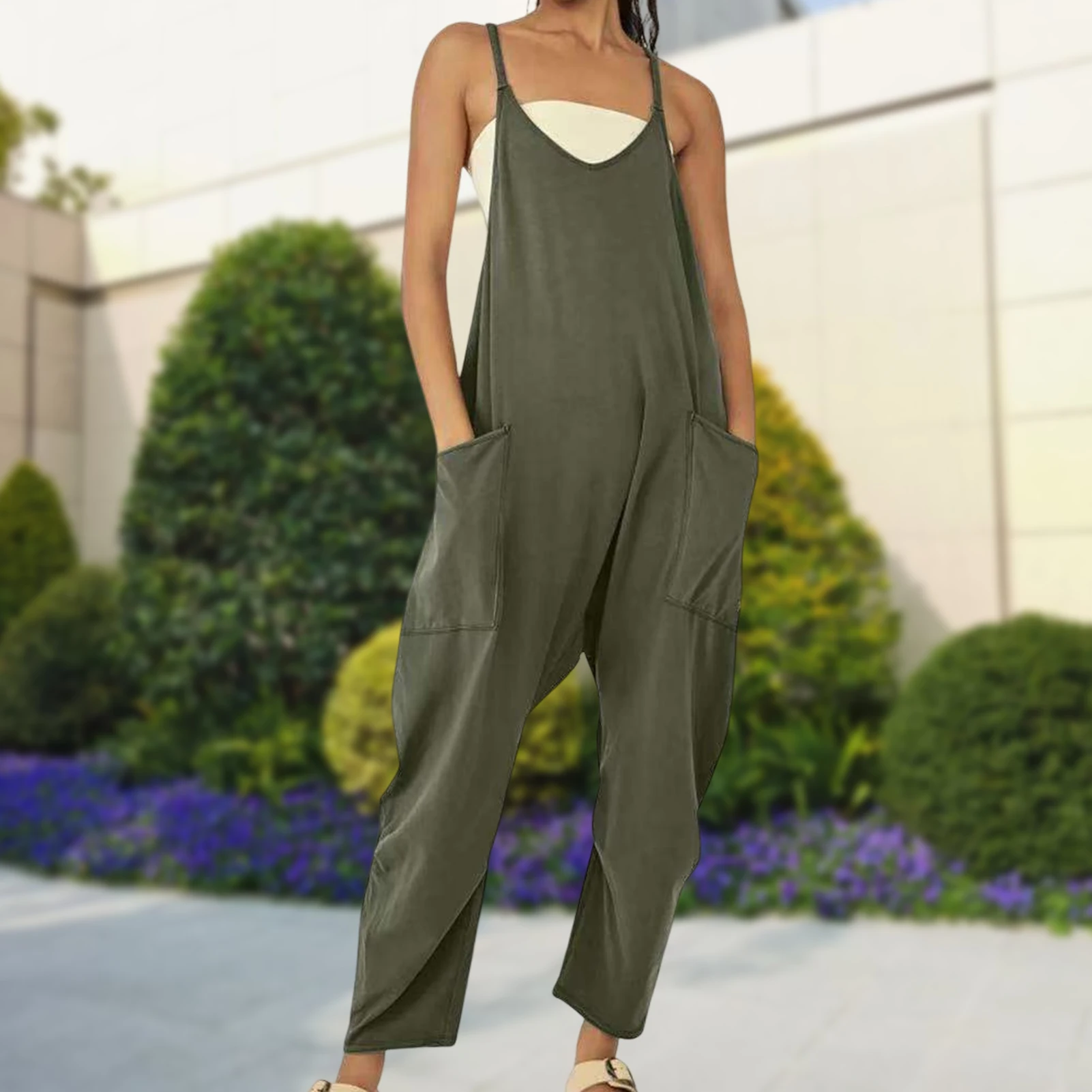 

Women Spaghetti Strap Jumpsuit Elastic Ladies Suspender Overall Jumpsuit Solid Color Oversized Deep V Neck Streetwear Outfit