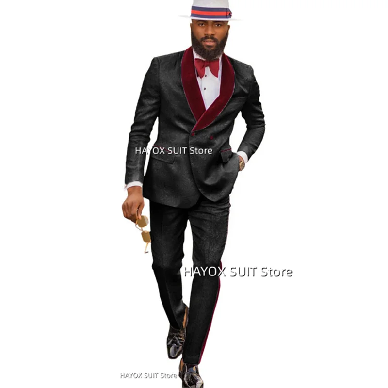 2 Piece Men Suit Pants Velvet Double Breasted Shawl Collar Fashion Jacket Wedding Groom Party Tuxedo Blazer Set
