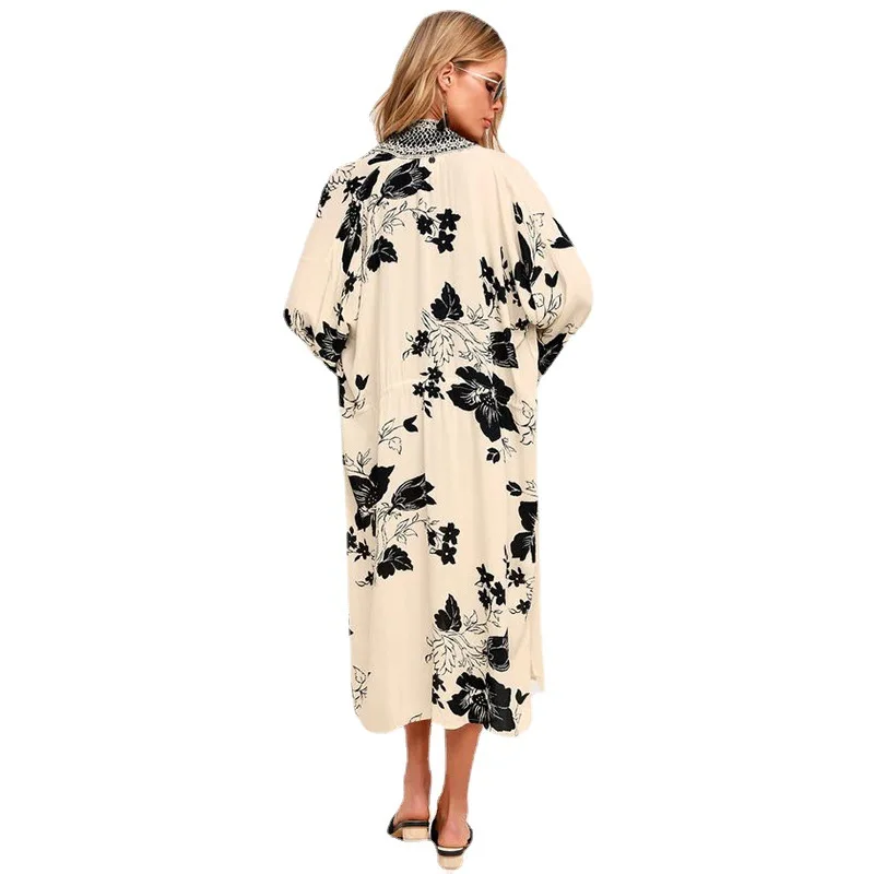 Винтажная черная накидка на бикини с принтом элегантное кимоно Пляжное платье