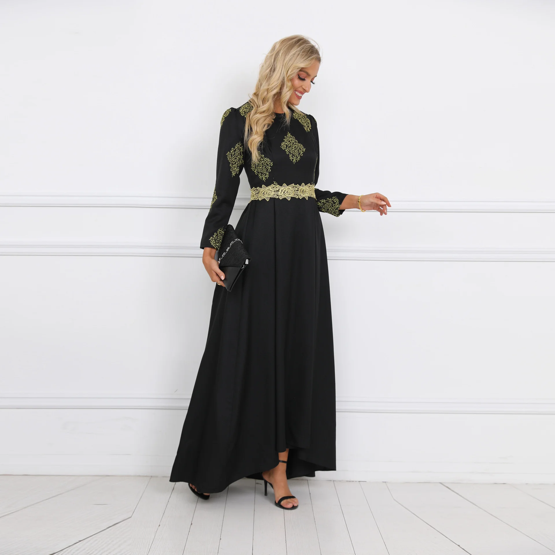 2022 New Fashion Muslin Women Dress Long Sleeve Printing Patchwork Pullover Loose Mid-east Dubai Elegant Chic Lady Muslin Dress