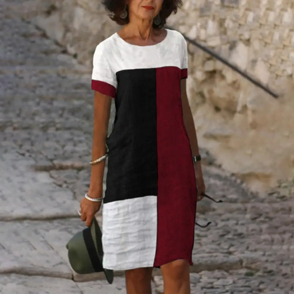 

Simple Beach Dress O Neck Streetwear Party Dress Temperament Contrast Color Dress