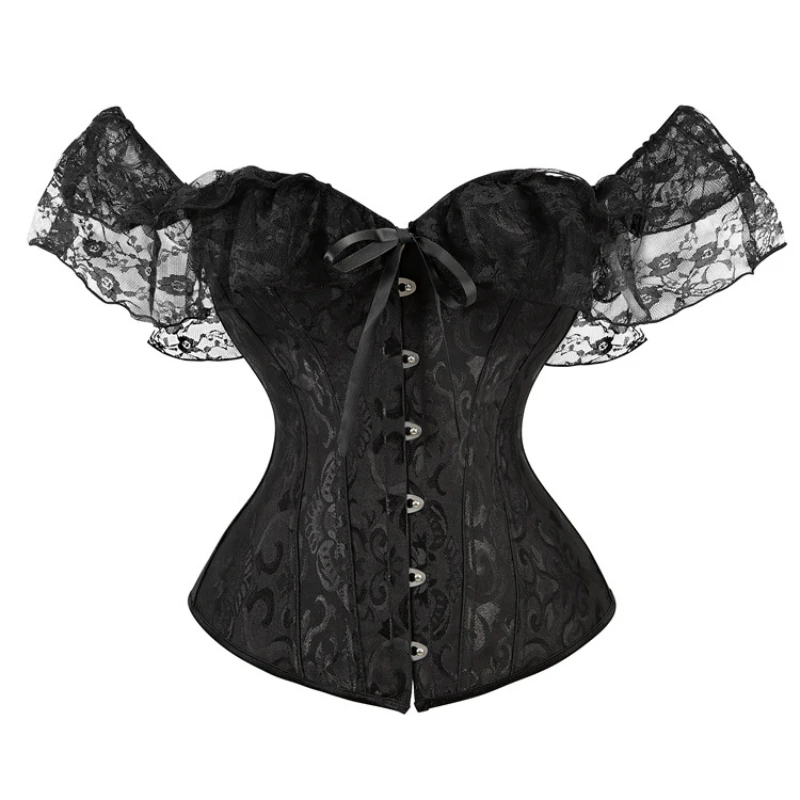 

Shoulder Straps Corsets and Bustiers Gothic Satin Lace Up Vest Overbust Corsets Short Sleeve Brocade Corselet for Women