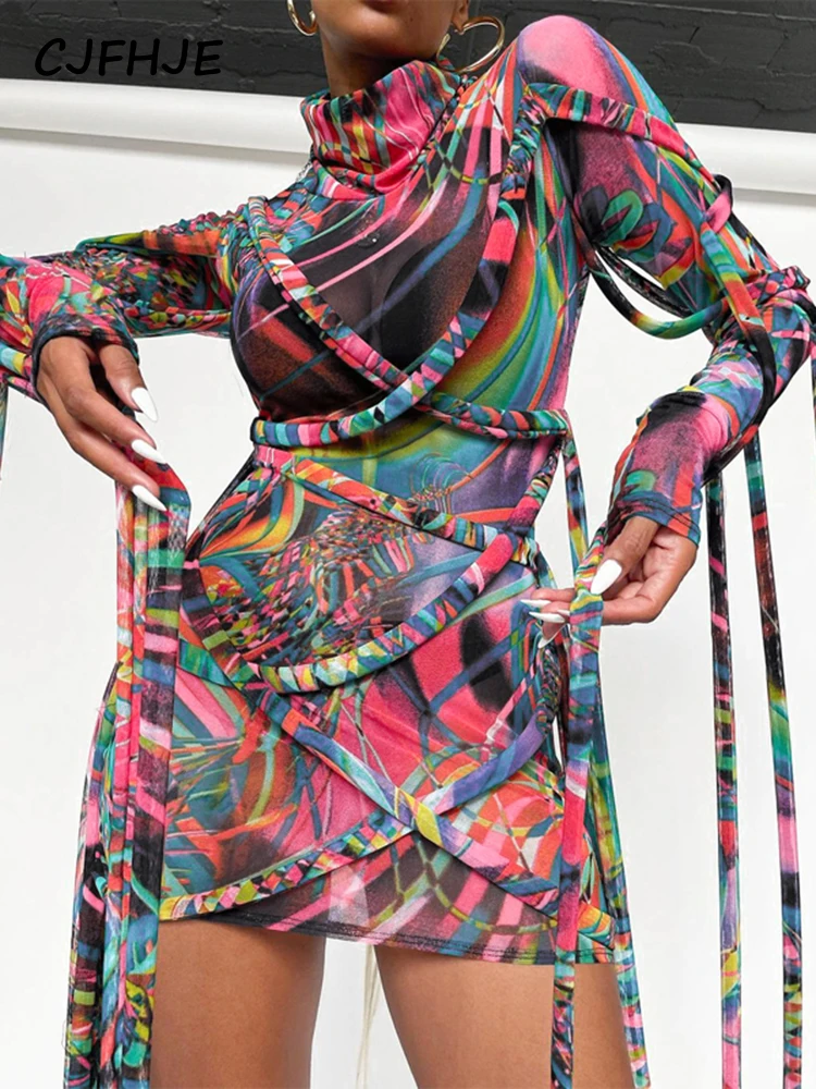 

CJFHJE 2022 Long Sleeve Turtleneck Ribbon Print Bandage Mesh Mini Dress Spring Summer Women Fashion Streetwear Outerwear