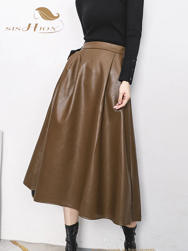 

SISHION Women High Waist PU Leather Skirt VD3362 Elegant Midi Length Black Coffee Long Skirts