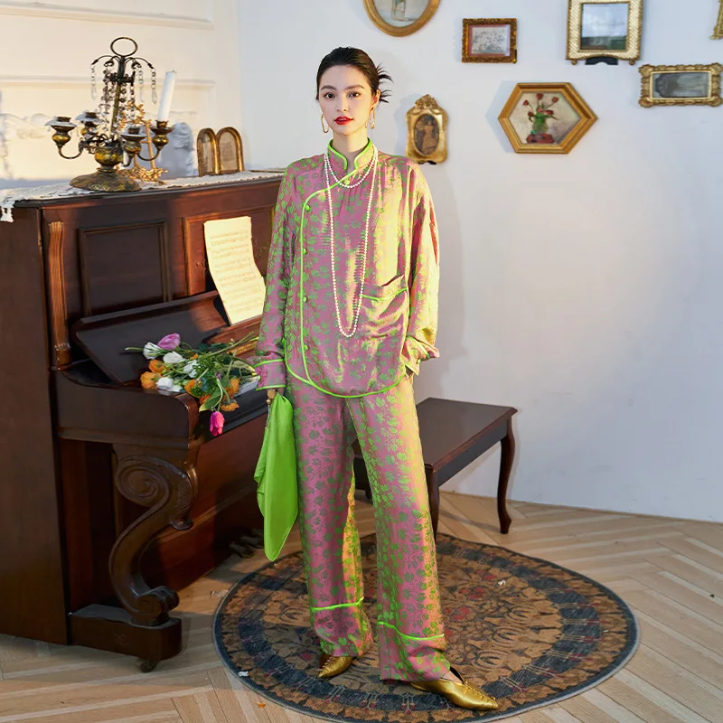 Maison Gabrielle 2022 Fall New Vintage Chinoiserie Cheongsam style Pajamas Set 2 Pieces Long Sleeve Loungewear Sleepwear Women