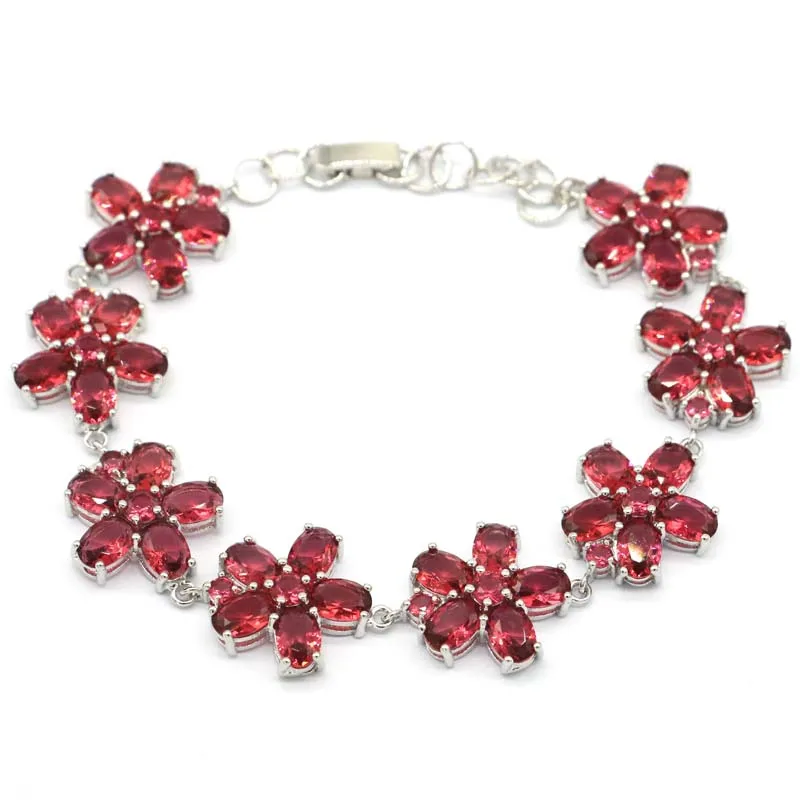 

23x17mm Anniversary 18.3g Flowers Shape Pink Raspberry Rhodolite Garnet Rich Blue Aquamarine Women Silver Bracelet 7-8.0inch