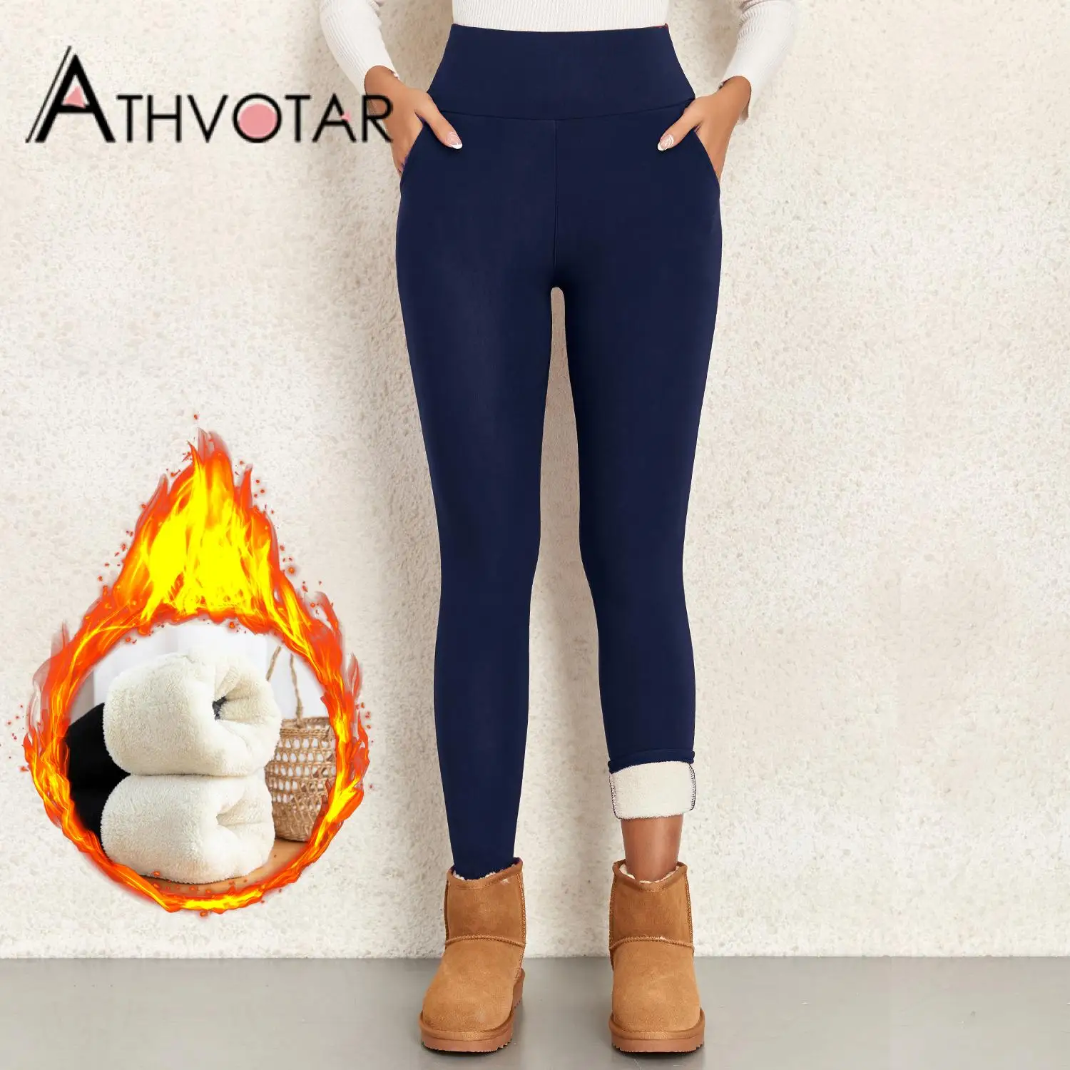 

ATHVOTAR Pants with Pockets Winter Warm Lamb Wool Thick Leggings Velvet Blue High Waist Skinny Elastic New Casual Female Pants