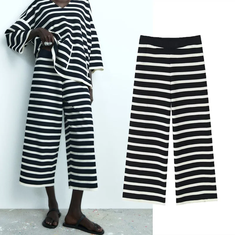 

TRAF 2023 Striped Wide Leg Knit Pant Women Casuak Elastic Waist Ankle Pant Autumn Oversized Knitted Tops Woman 2 Pieces Sets