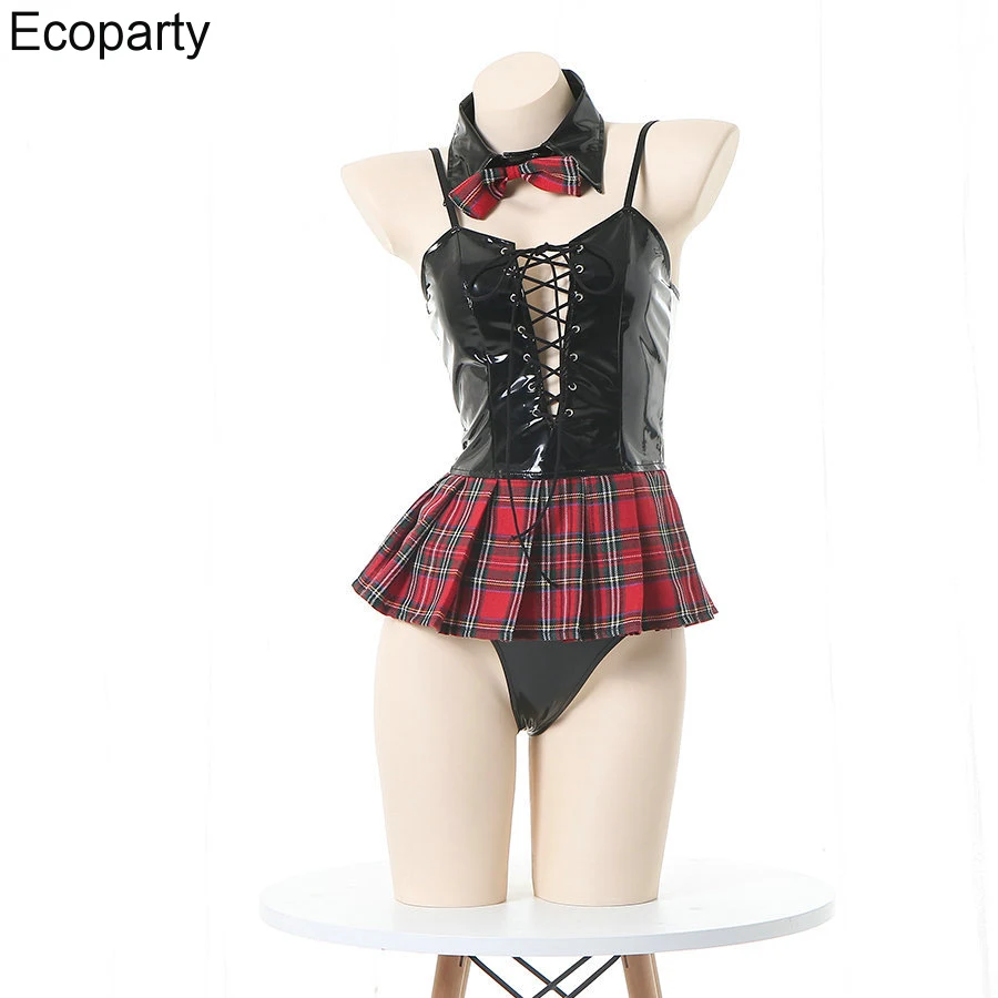 

Женское Эротическое нижнее белье, сексуальное платье на бретелях, юбка в клетку из лакированной кожи, костюмы, косплей для женщин