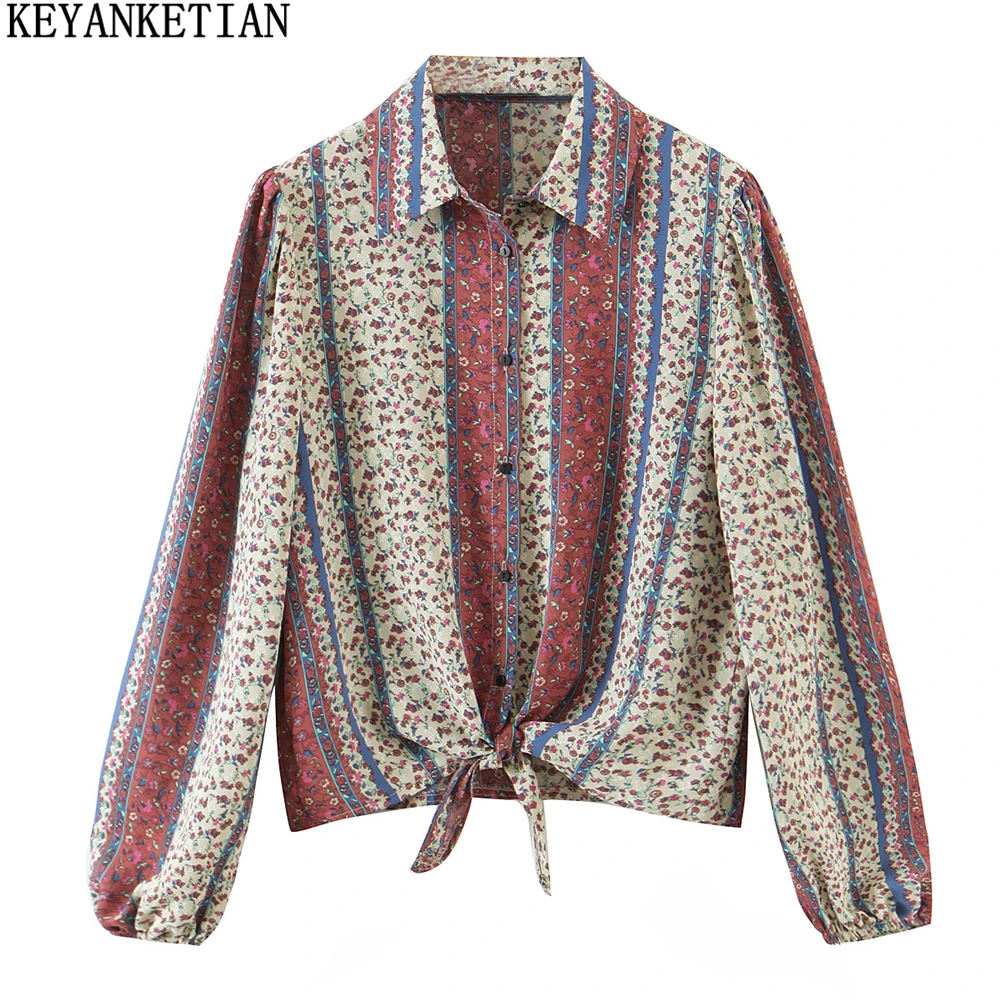 

KEYANKETIAN Ladies Hem Knotted Floral Shirt 2022 New Ethnic Totem Printed Long Sleeve Vintage Shirt Women Loose Chemise Top