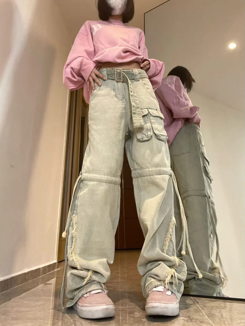 

Niche design sense high street American vibe straight casual work jeans female tide ins wide leg pants spring and autumn y2k