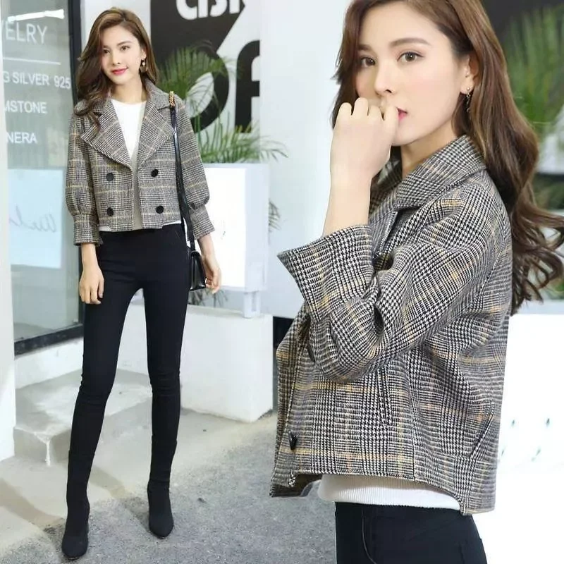 

Woman Autumn Short Plaid Woolen Coat Houndstooth Jacket