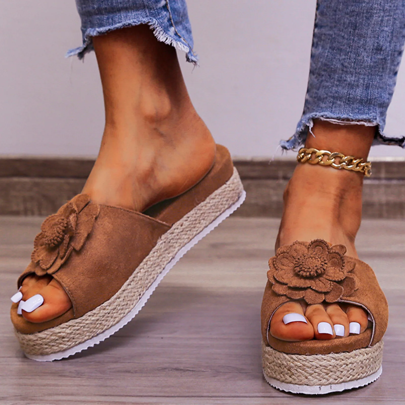 

Ladies Women's Shoes Floral Flat Slippers Female Summer Bow Sandals Thicken Fashion Indoor Slides Non-slip Mujer Footwear Mules