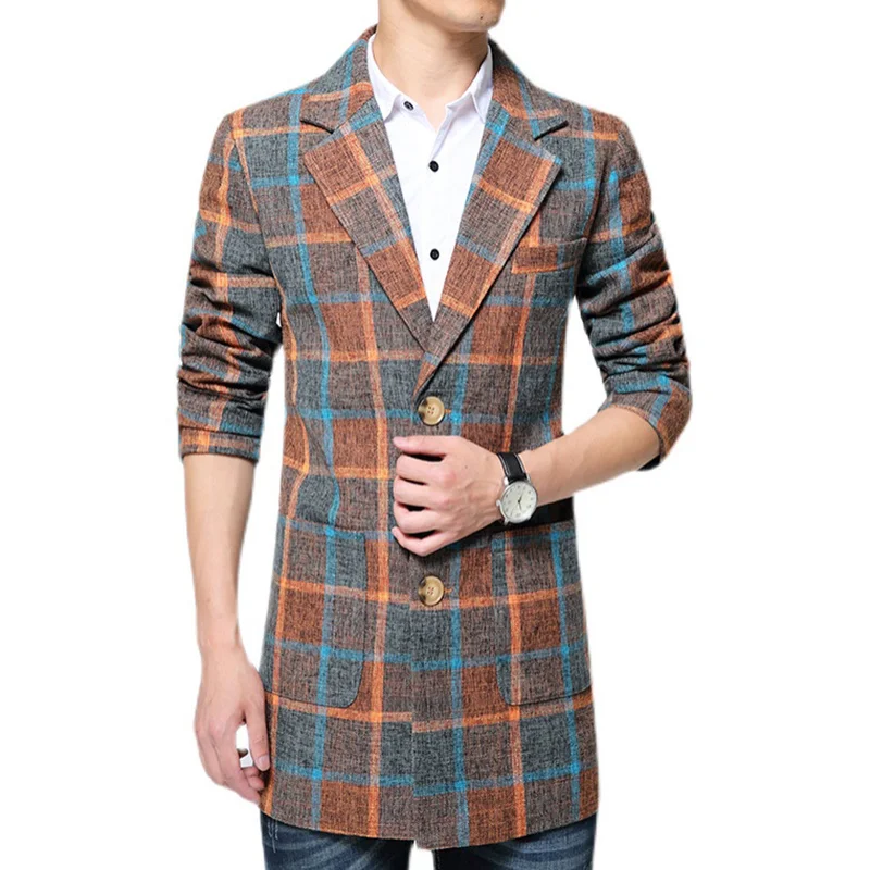 5XL autumn mens Blended long windbreaker/large fashion checkered slim fit casual single breasted thin long coat/Branded clothing