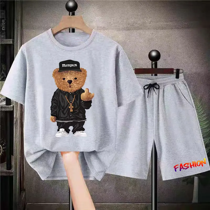 Summer Men Sets High Quality T Shirt Shorts 2 Pieces Outfits Fashion Luxury Man Clothing Solid Color Printed Bear Tracksuit