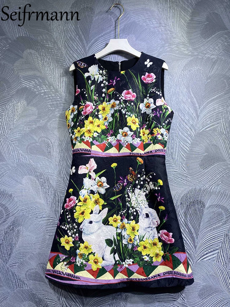 Seifrmann High Quality Summer Women Fashion Designer A-Line Dress Rabbit Flower Printed Jacquard Sleeveless Tank Mini Dresses