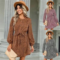 2022 autumn and winter new bandage skirt european and american womens round neck leopard print long sleeved dress