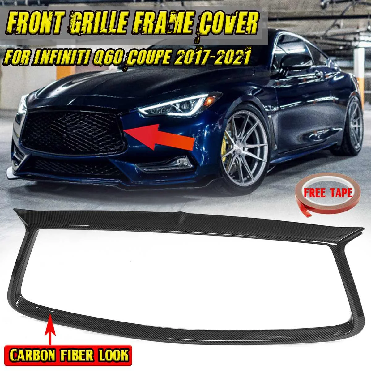 

New Car Front Grille Grill Frame Cover Outline Trim Cover Overlay For Infiniti Q60 Coupe 2017-2021 Front Grille Protector Guard