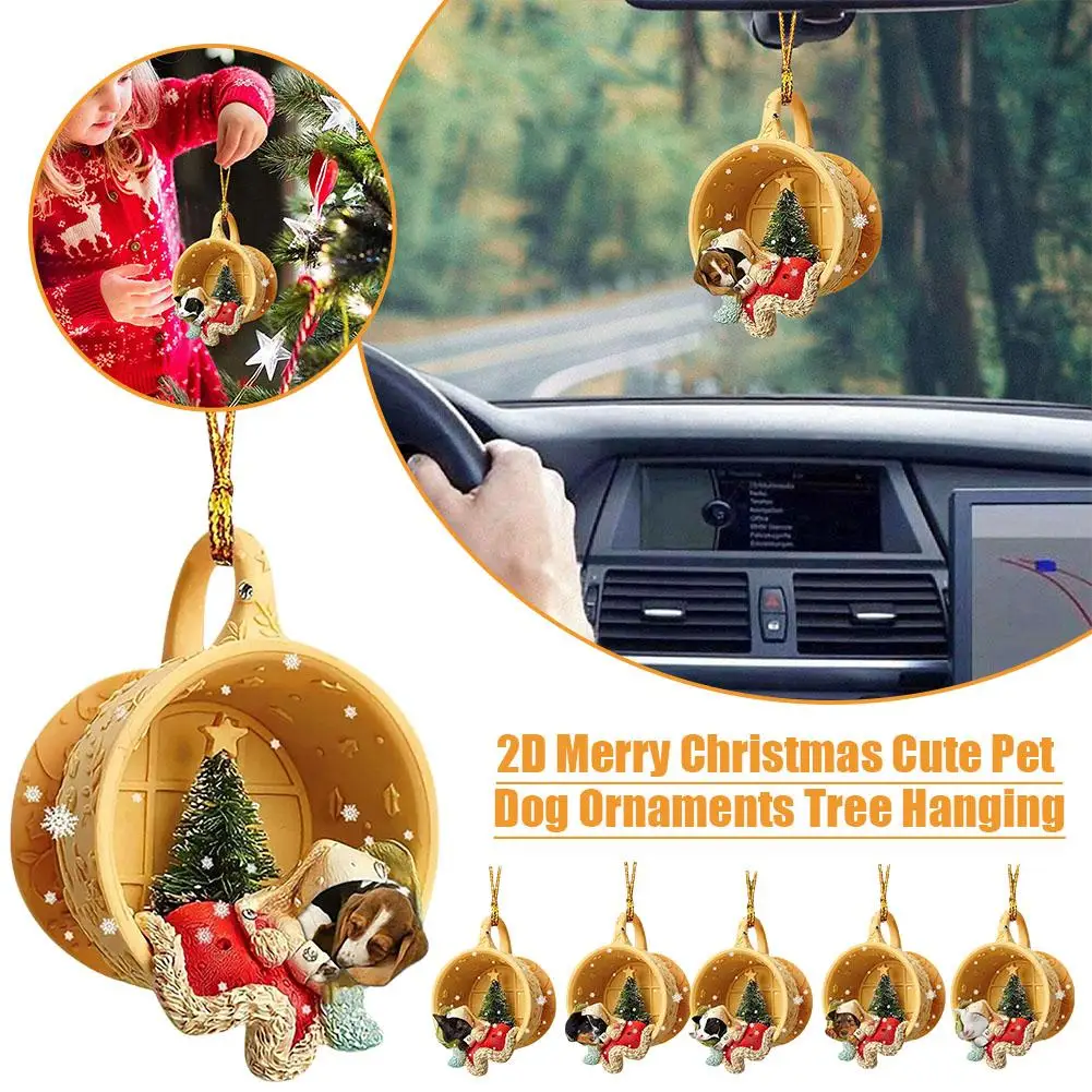

2D Merry Christmas Cute Pet Dog Ornaments Tree Car Backpack Hanging Pendant Christmas Gifts Mirror Home Decoration Rearview U6H3