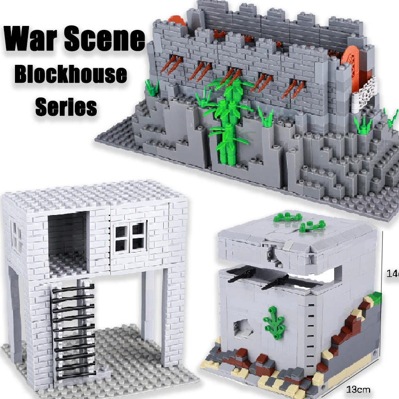 

MOC WW2 Military Blockhouse Model Building Blocks Trench Ruins Soldiers Figures War Scene Weapons Bricks Assemble Toys Boys Gift