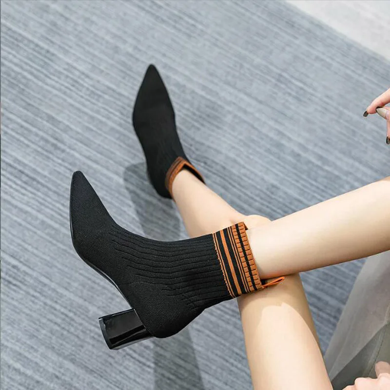 GCYCG Brand Sexy Knitting Stretch Sock Boots 7CM High Heels For Women Fashion 2023 Spring Autumn Ankle Boots Female Size 35~40