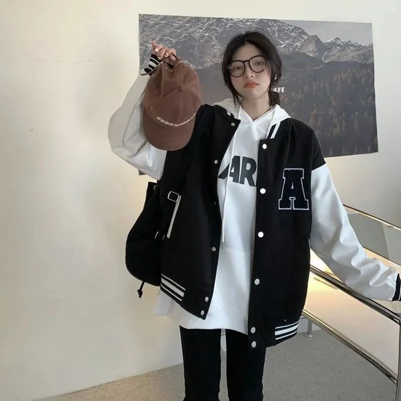 

Varsity Bomber Jacket Cyber Y2k Female Spring Baseball Basic Jaket Hiphop 2022 Techwear Single Breasted Patchwork Women Coat